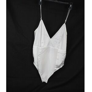 For Love&Lemons Women White Satin V-Neck Spaghetti Strap Open Back Bodysuit Top